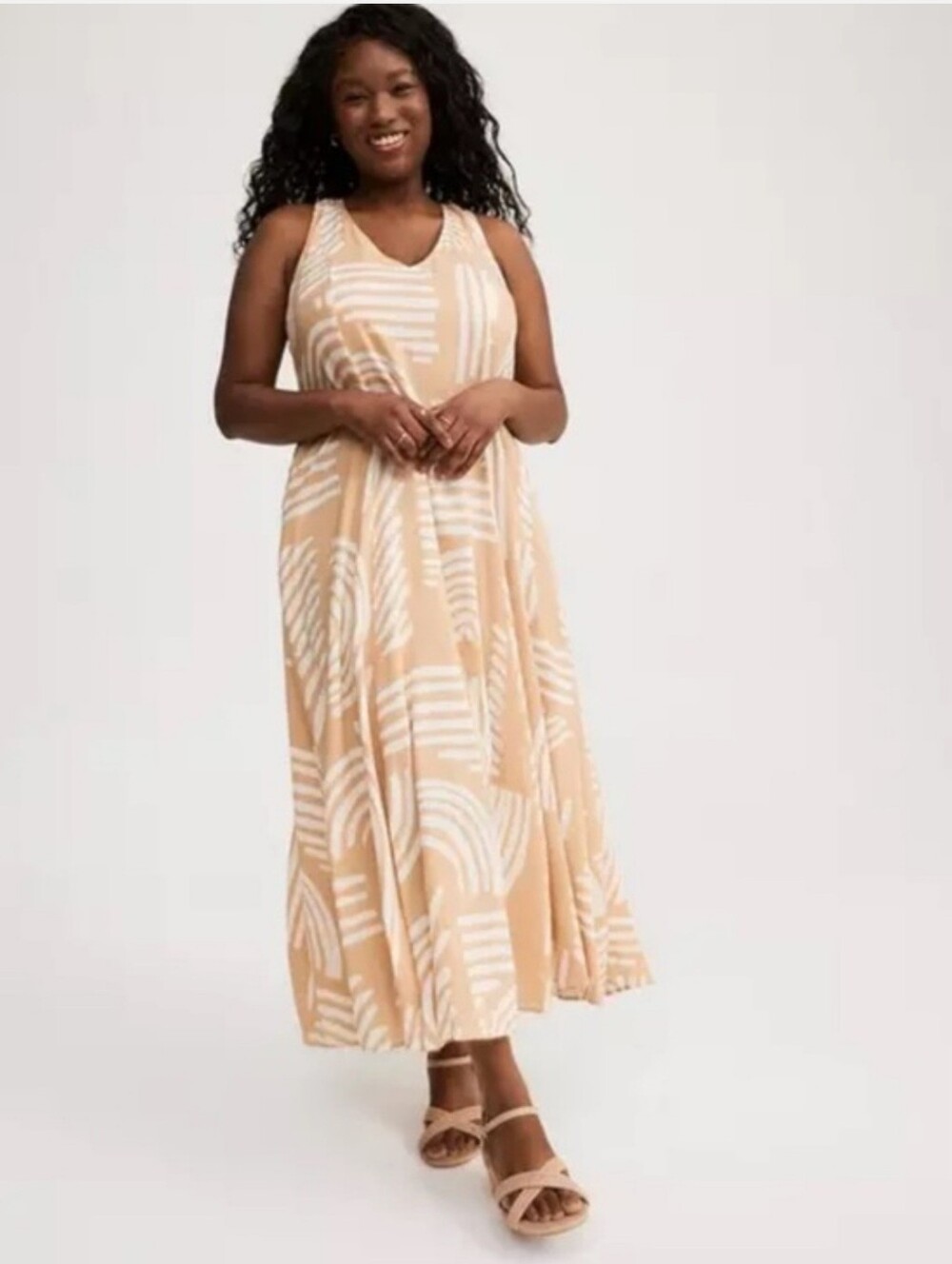 torrid Beige and White Abstract-Print Maxi Dress